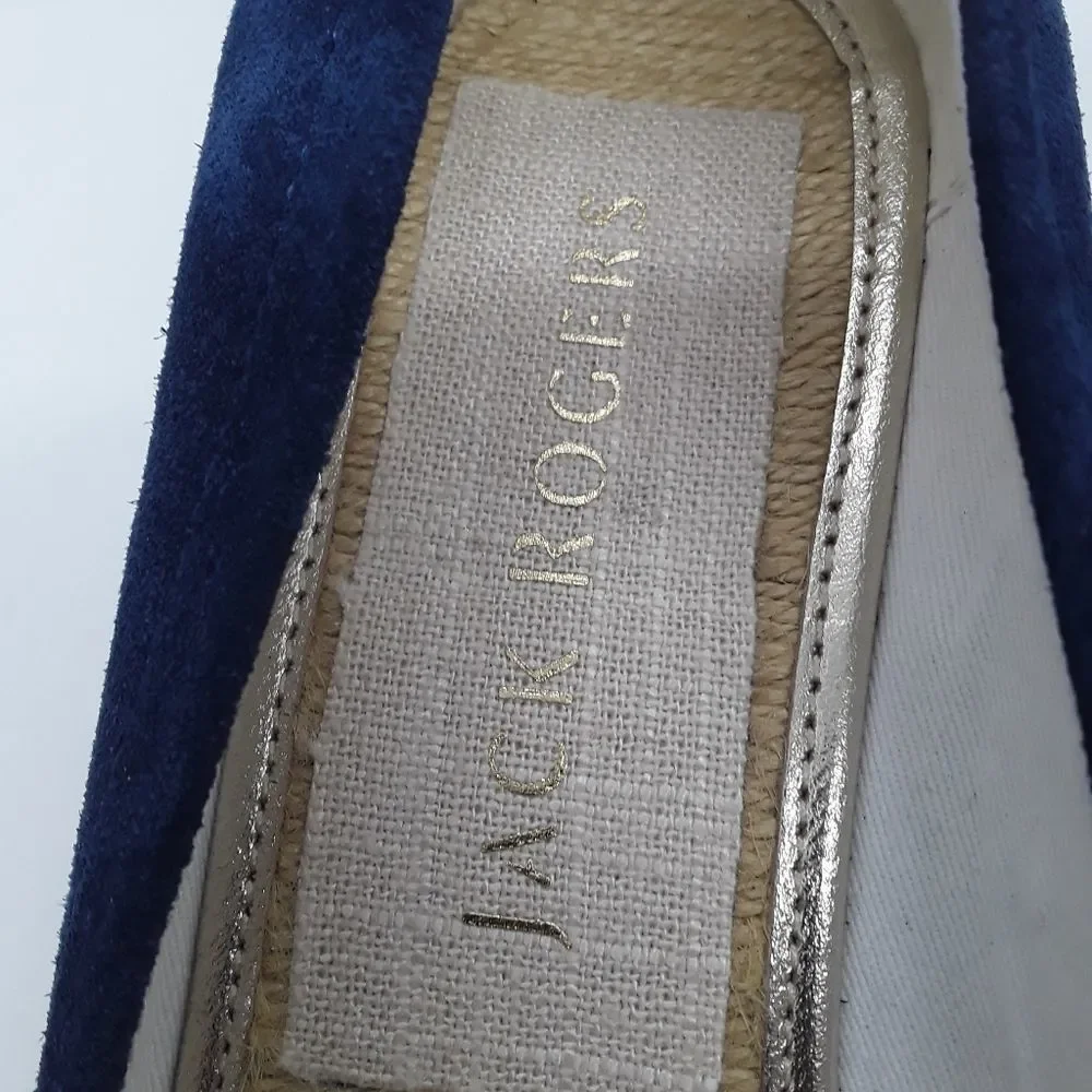 Jack Rogers Palmer Wedges Midnight Blue & Gold Stitching  Size 9M/NWT - Picture 4 of 10